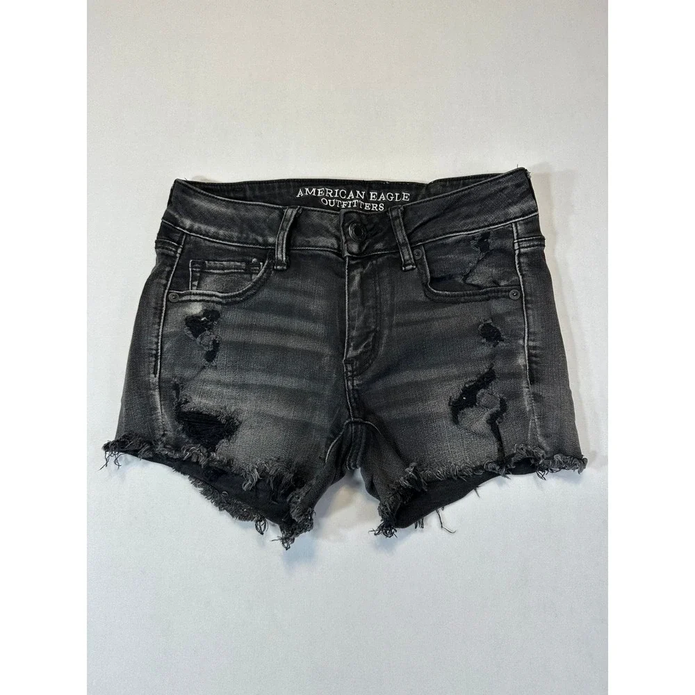 American Eagle Super Stretch Distressed Black Denim Shorts Womens Size 4 Frayed - Picture 1 of 14